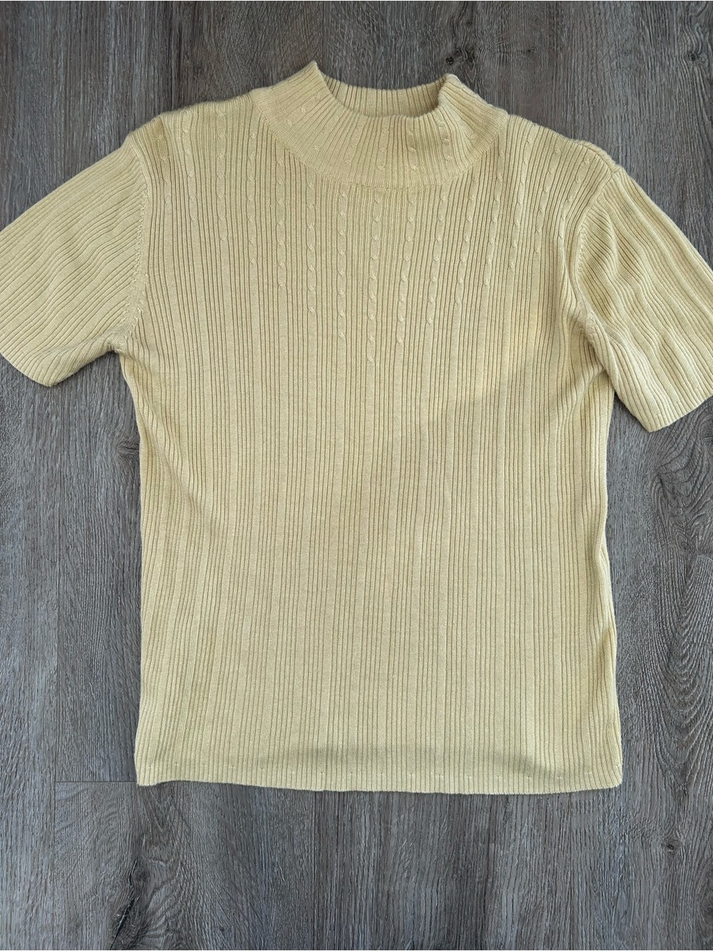 Vintage Short Sleeve Silky Ribbed Stretchy Mock Neck Top in Pale Butter Yellow